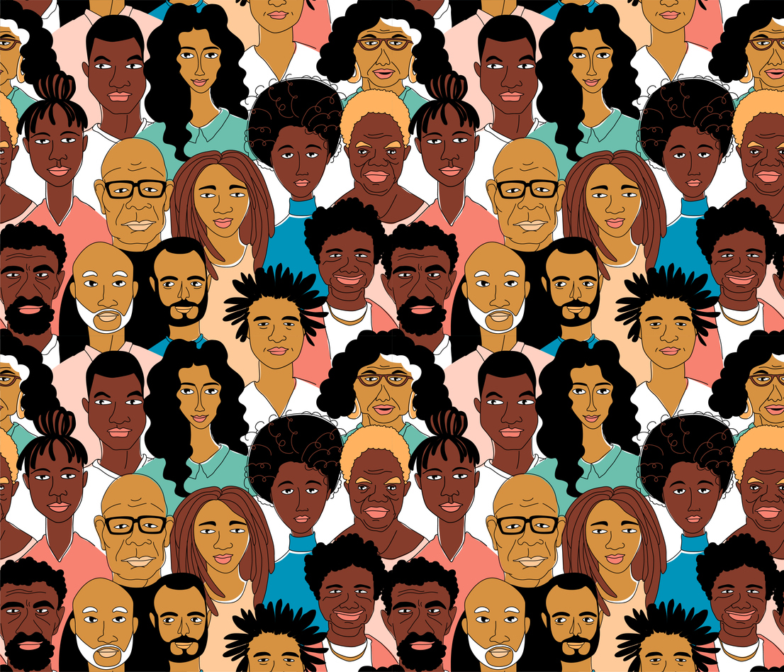 imagem em desenho de diversas pessoas negras com diferentes tons, pele, cores de cabelo